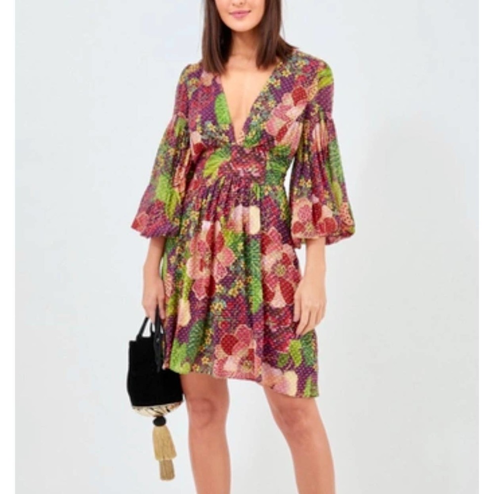 FARM Rio Multicolor Floral Patchwork Long Sleeve Mini Dress Size XS